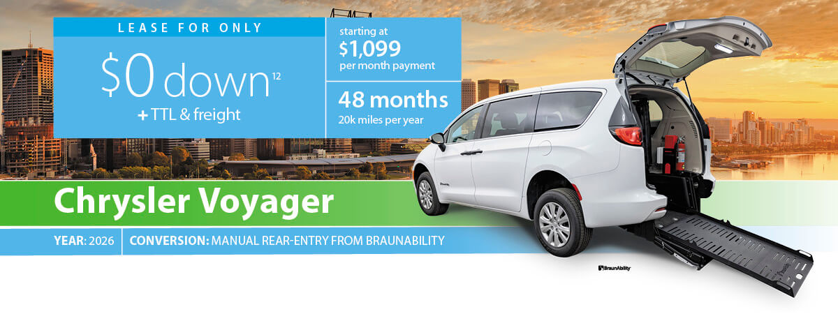 White Chrysler Voyager minivan with rear-entry wheelchair ramp deployed, shown in front of a city skyline; lease offer and pricing details displayed.