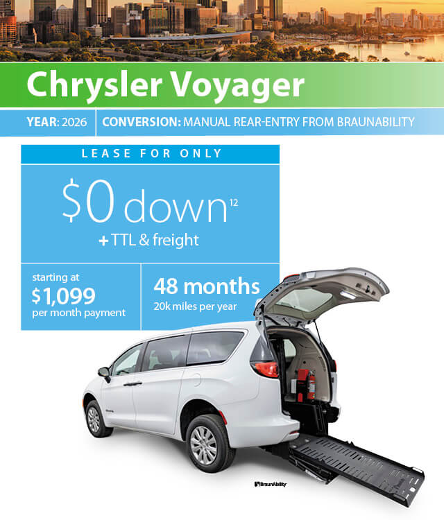 A white 2026 Chrysler Voyager van with a rear-entry wheelchair ramp extended, shown with leasing details and monthly payment information.