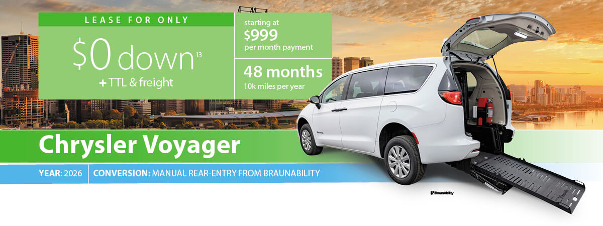A white Chrysler Voyager with a rear-entry wheelchair ramp is parked with its back open; city skyline and lease offer details are displayed in the background.