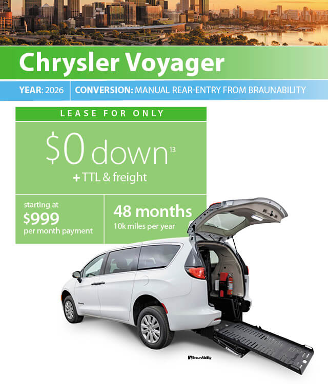A white Chrysler Voyager minivan with a rear-entry wheelchair ramp extended is shown, alongside leasing details for the 2026 model and city skyline in the background.