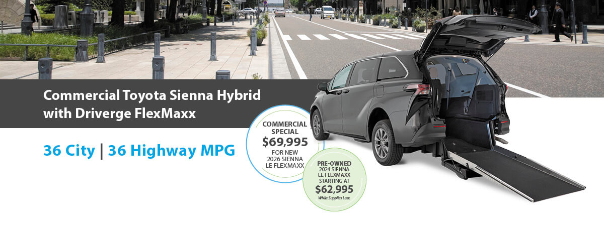 A gray Toyota Sienna Hybrid with a wheelchair ramp extended, parked on a city street. Text highlights commercial pricing and fuel efficiency details.